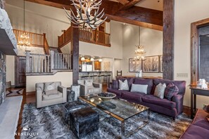 TV connectée, cheminée, livres, imprimantes