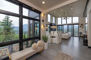 TV, fireplace, books