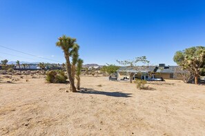 A desert landscape with sparse vegetation, including a prominent Joshua tree, and a building with a sloped roof.