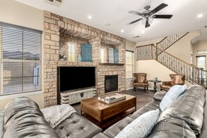 TV, fireplace, printers