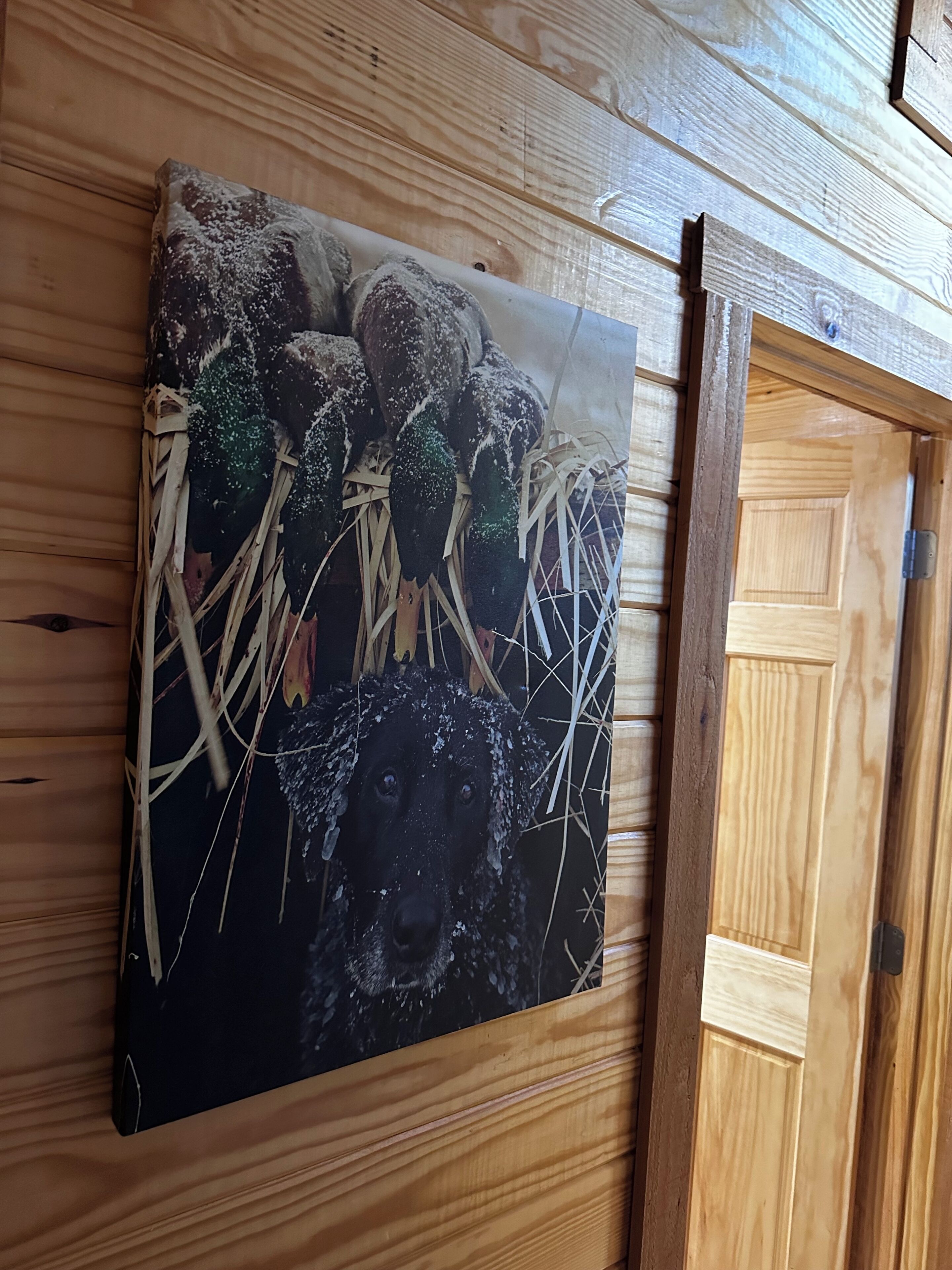A wooden wall with a framed picture of a dog and hay.