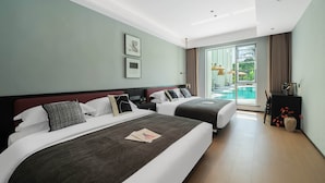 A hotel room with two beds, a large window with a view of a swimming pool, and a small table with a vase of flowers. - MisooHi Hidden Realm Hotel (Huangshan)