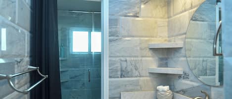 Hair dryer, towels, soap, shampoo