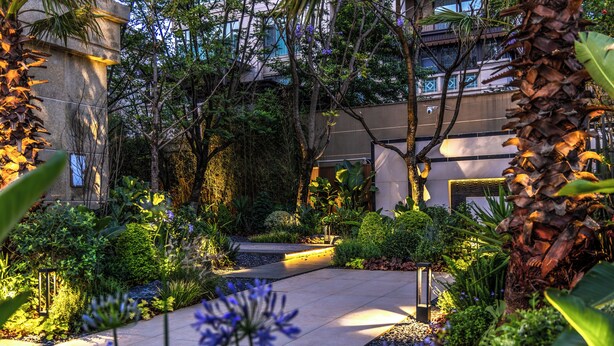 Un jardín bien cuidado con diversas plantas y un sendero pavimentado.
