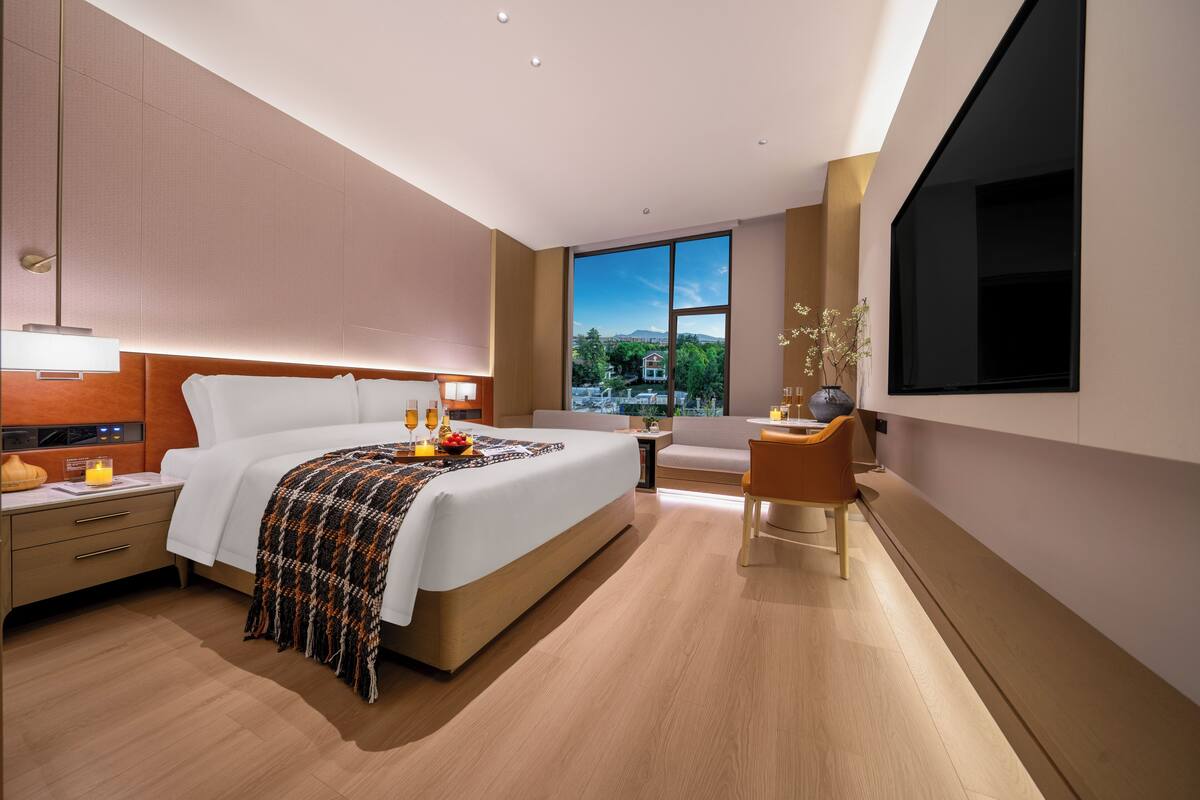 A modern hotel room with a large bed, bedside table, lamp, and a view of the outdoors.