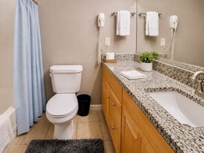 Hair dryer, towels, soap, toilet paper