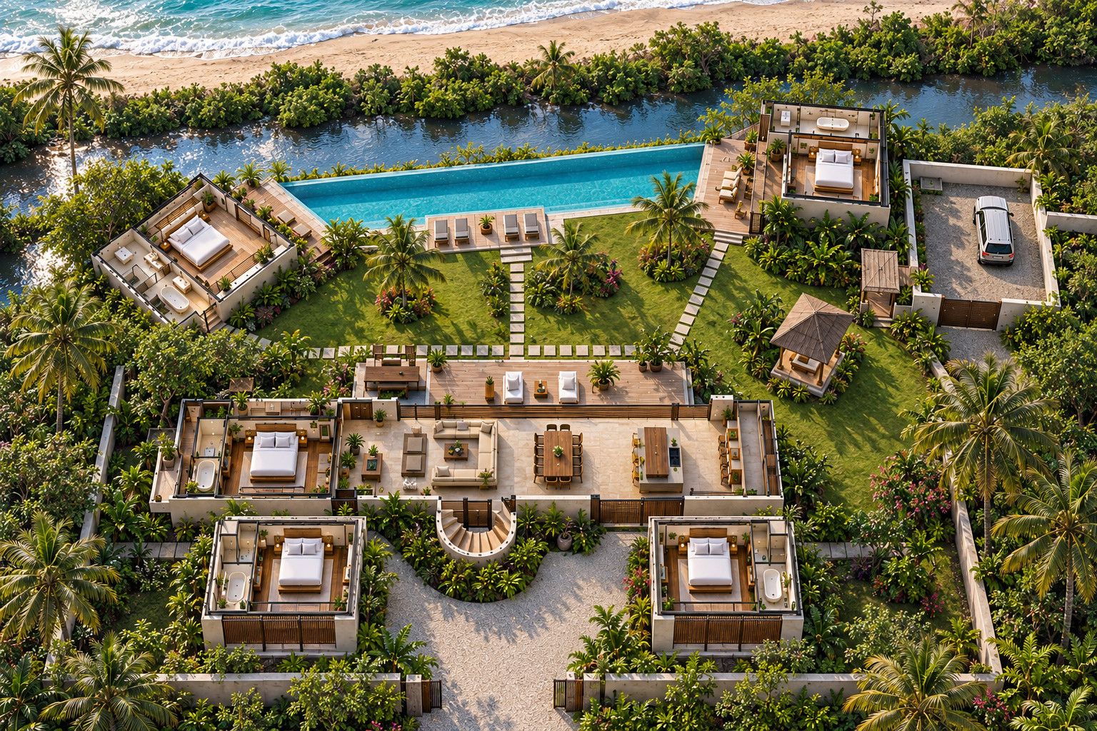Een resort met meerdere gastenkamers, een zwembad en uitzicht op het strand.