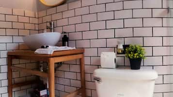 Un bagno con il water bianco, uno scaffale di legno con articoli da toilette, una piccola pianta in vaso e uno specchio a parete.