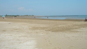 A wide sandy beach with a clear sky.