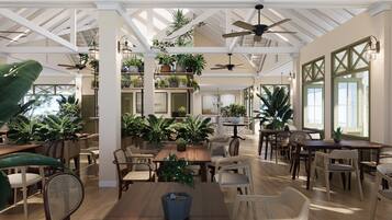 Se sirven desayunos, comidas y cenas con vista al jardín