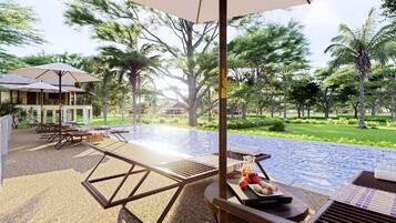 Outdoor pool, open 7:30 AM to 7:30 PM, pool umbrellas, pool loungers