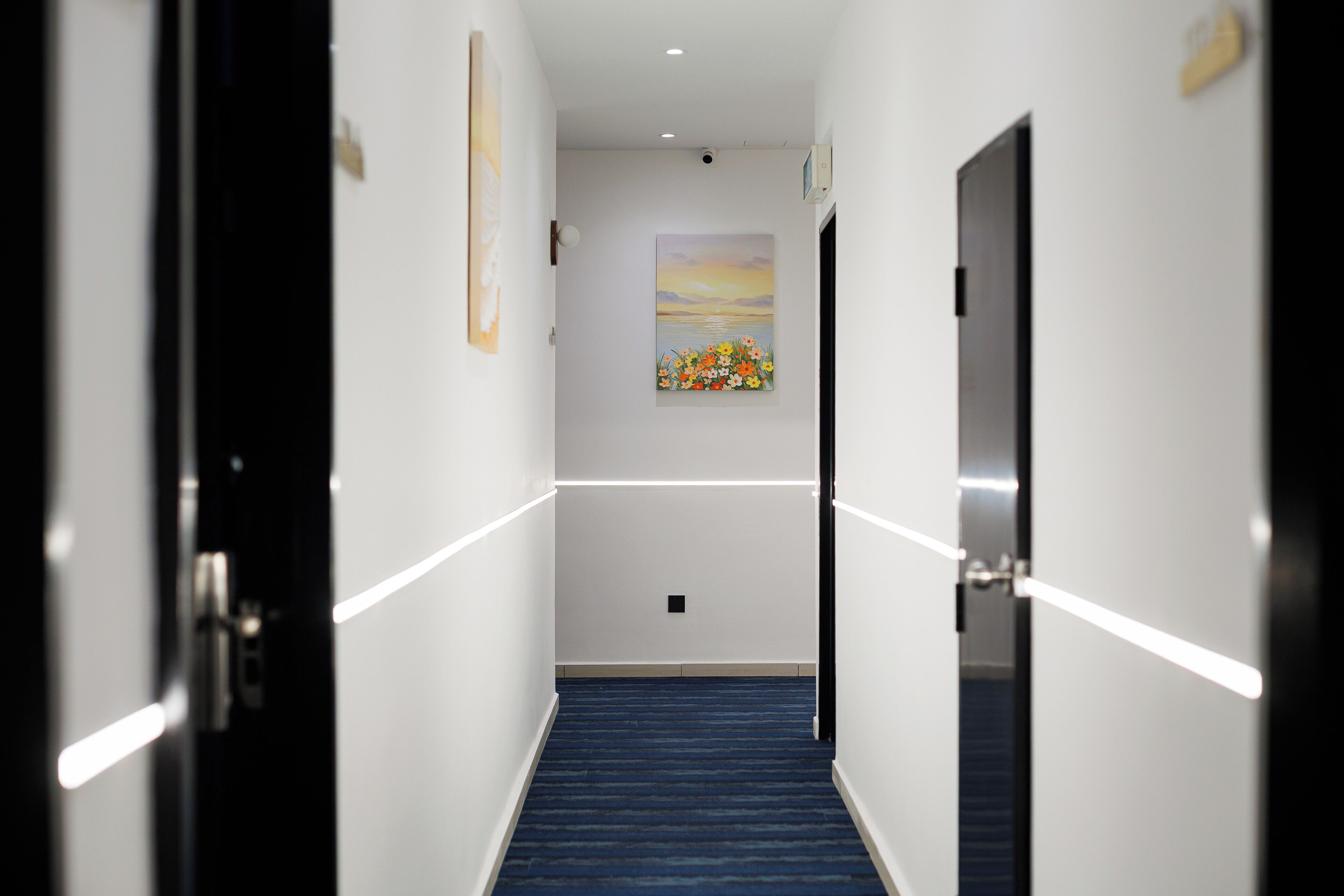 A hallway with a blue carpet, white walls, and a painting of a sunset.