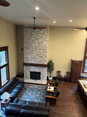 TV, fireplace, table football, books