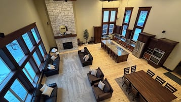 TV, fireplace, foosball, books