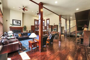TV, fireplace, table football, books
