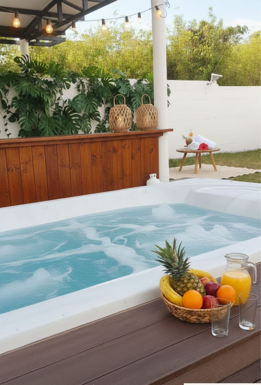 Een hottub met een houten terras, omgeven door groen en sfeerverlichting.