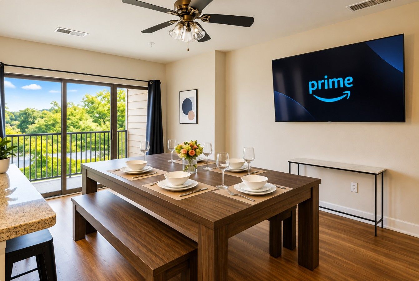 A dining area with a wooden table set for four, a ceiling fan, and a large screen displaying the Prime logo.