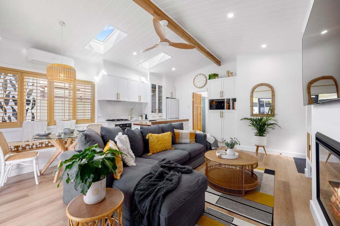 TV, fireplace, books, offices