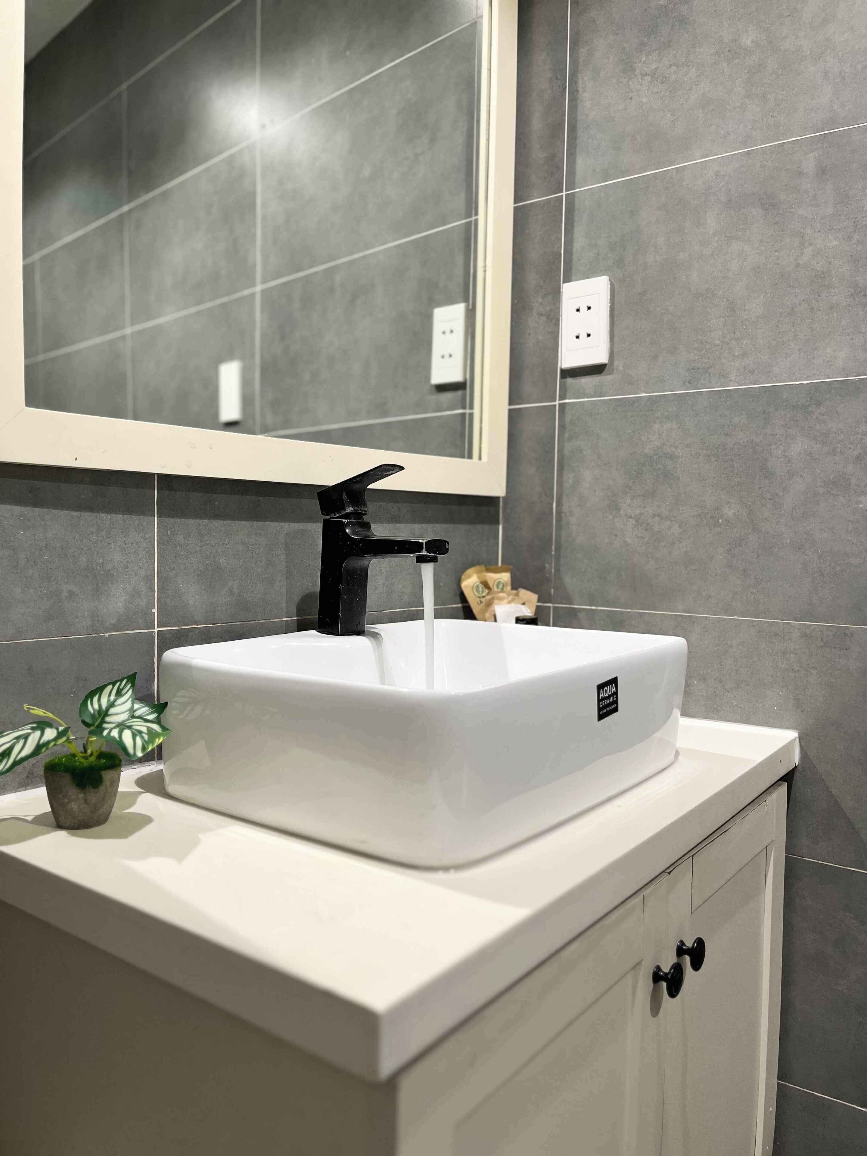 Un bagno con un lavandino bianco, un rubinetto nero e uno specchio sopra. Sul ripiano c'è una piccola pianta in vaso.