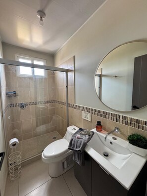 Regadera, secadora de cabello, toallas, shampoo 