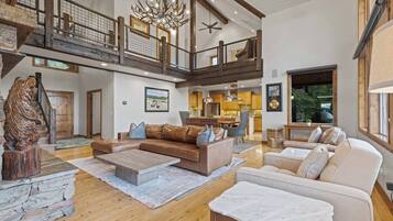 TV, fireplace, books