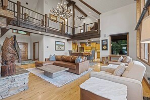 TV, fireplace, books