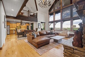 TV, fireplace, books