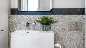 A bathroom with a white sink, two chrome faucets, a potted fern, a mirror, and a towel rack with two towels.