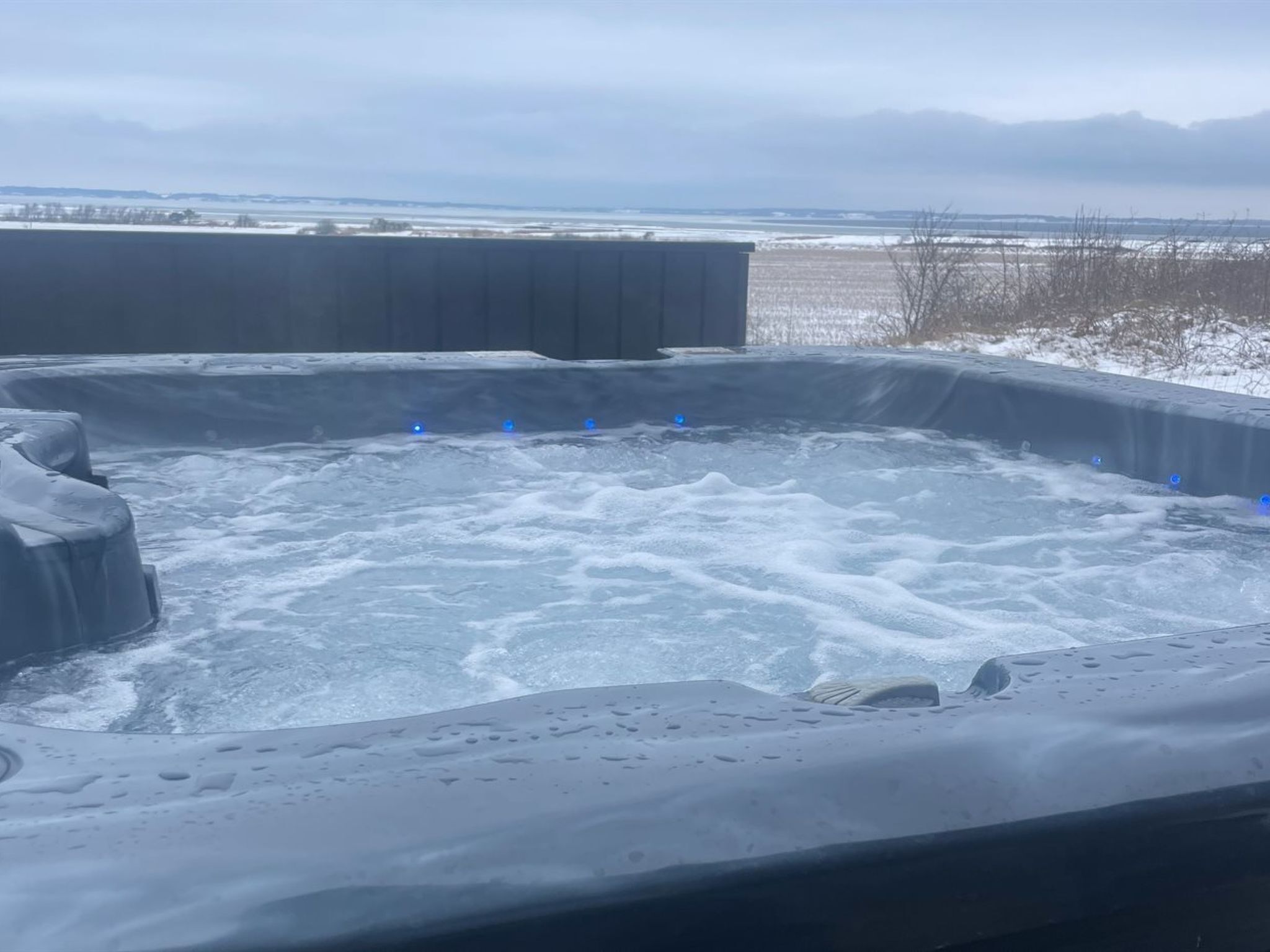 A hot tub with a snowy landscape in the background.