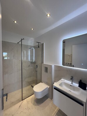 Shower, hair dryer, towels, soap