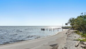 Een strand met een houten pier die zich uitstrekt over rustig water, omgeven door begroeiing.