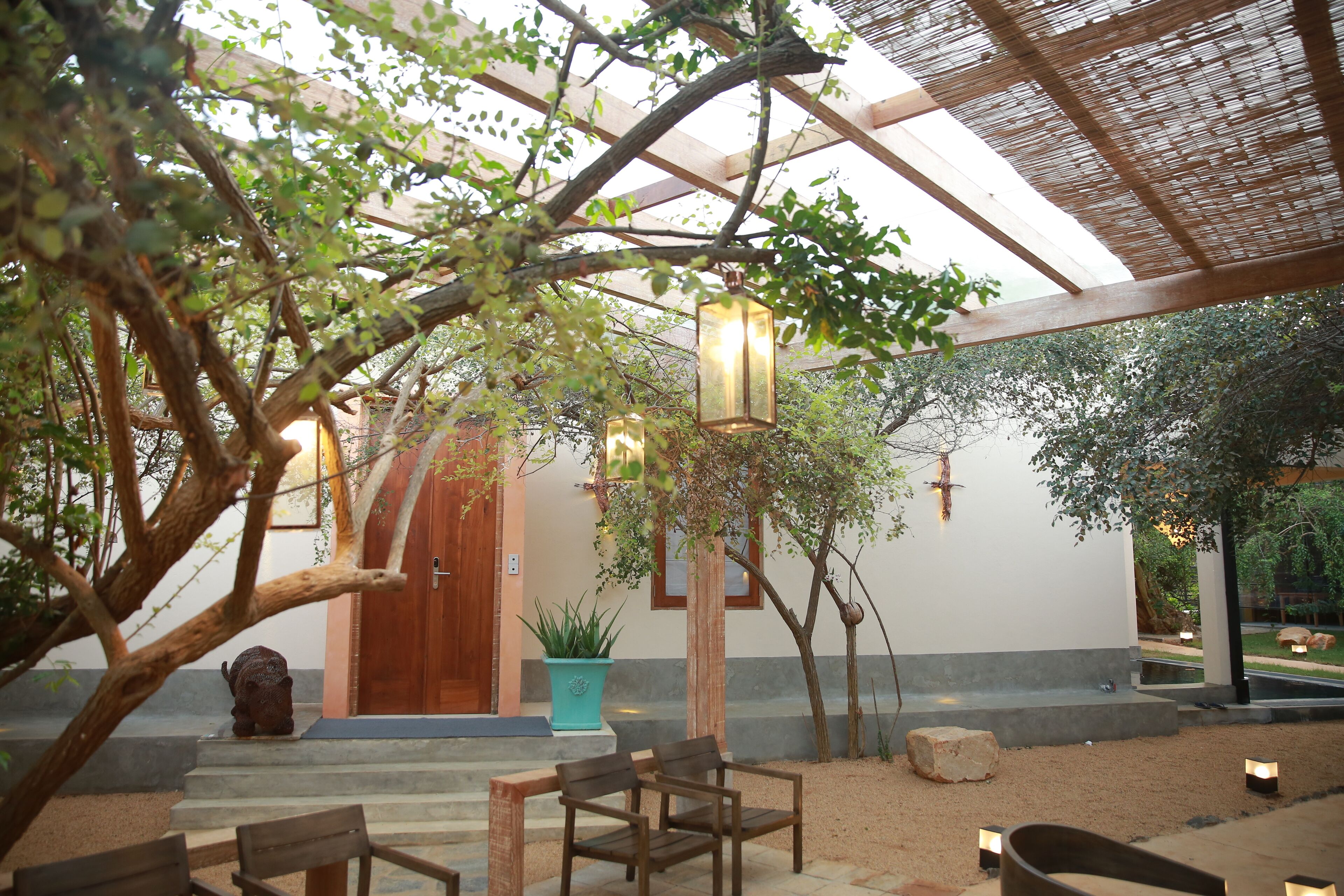 Un patio tranquilo con bancos de madera, una planta en maceta y una puerta de madera.