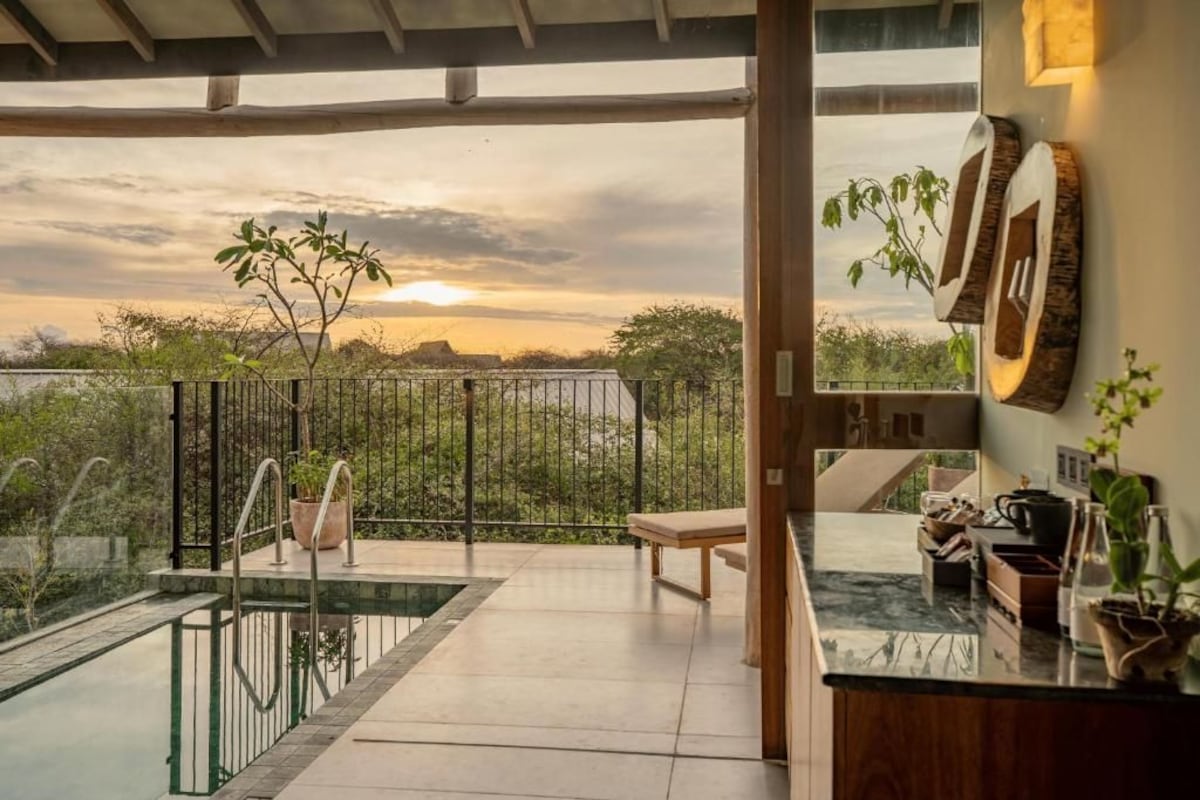 Uma área moderna com piscina ao ar livre, vista para o pôr do sol, um banco de madeira e área de cozinha com bancada e plantas em vasos.