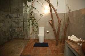 Executive villa, 2 slaapkamers, privézwembad | Badkamer | Een bad/douchecombinatie, een haardroger, pantoffels, handdoeken