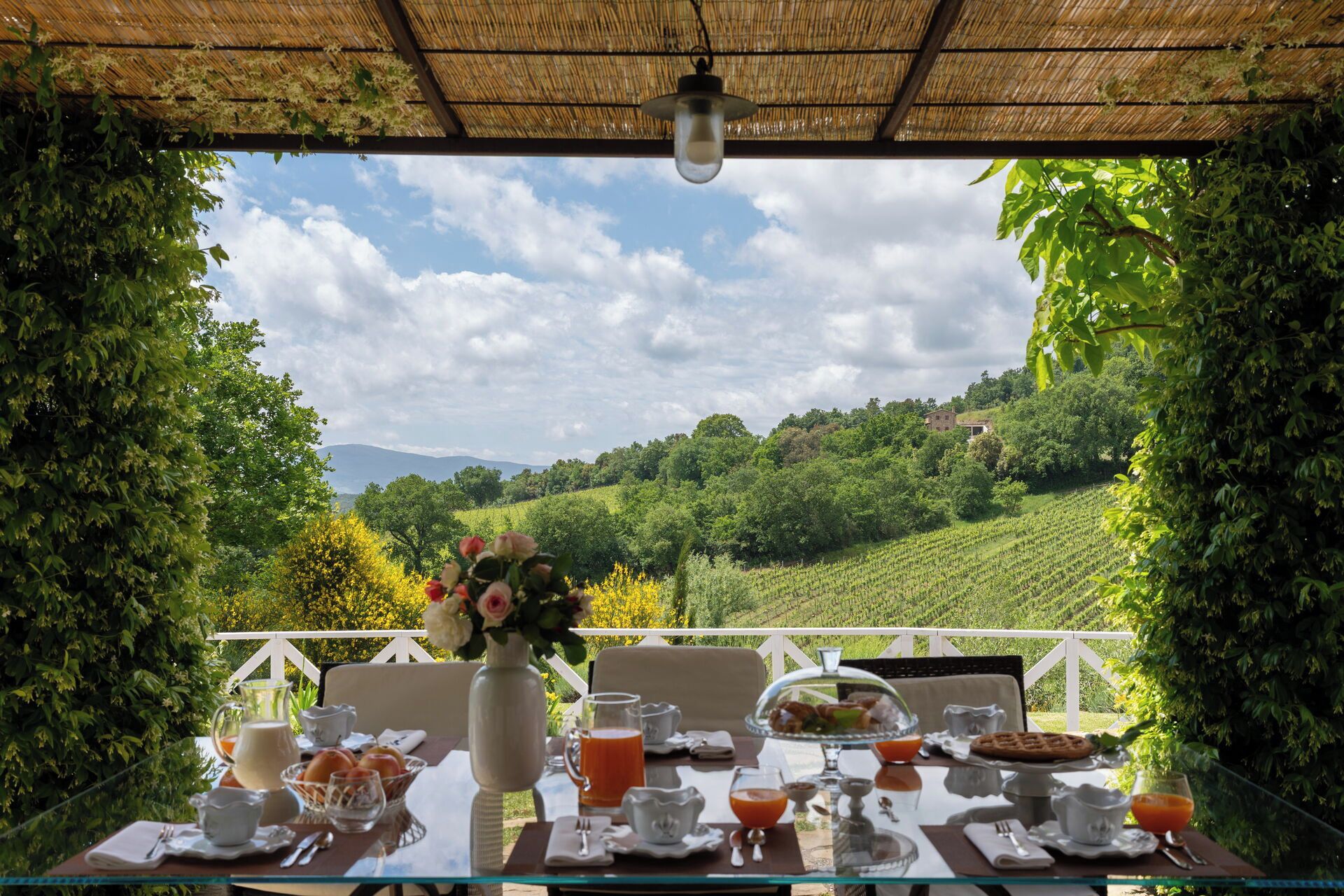 Ein Essbereich im Freien mit einem für das Frühstück gedeckten Tisch, umgeben von üppiger Vegetation und Blick auf eine hügelige Landschaft.