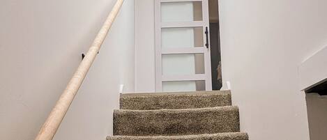 A staircase with carpeted steps leading to a room with a white door and a window above.