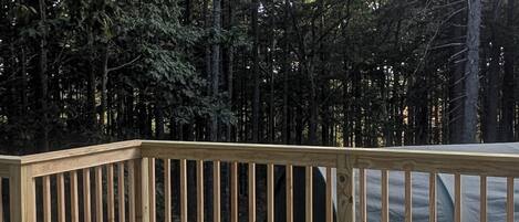 Une terrasse en bois dotée d’une rambarde, entourée d’une forêt dense.