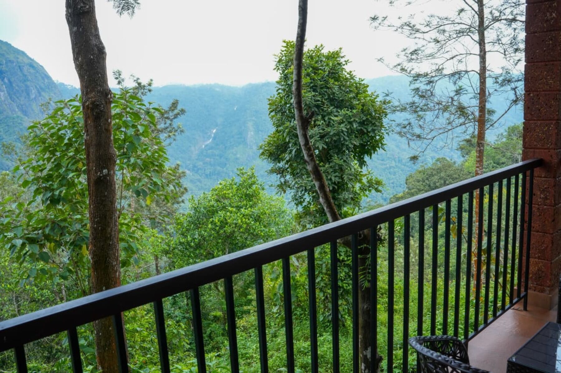 Un balcón con vistas a un bosque exuberante y montañas.