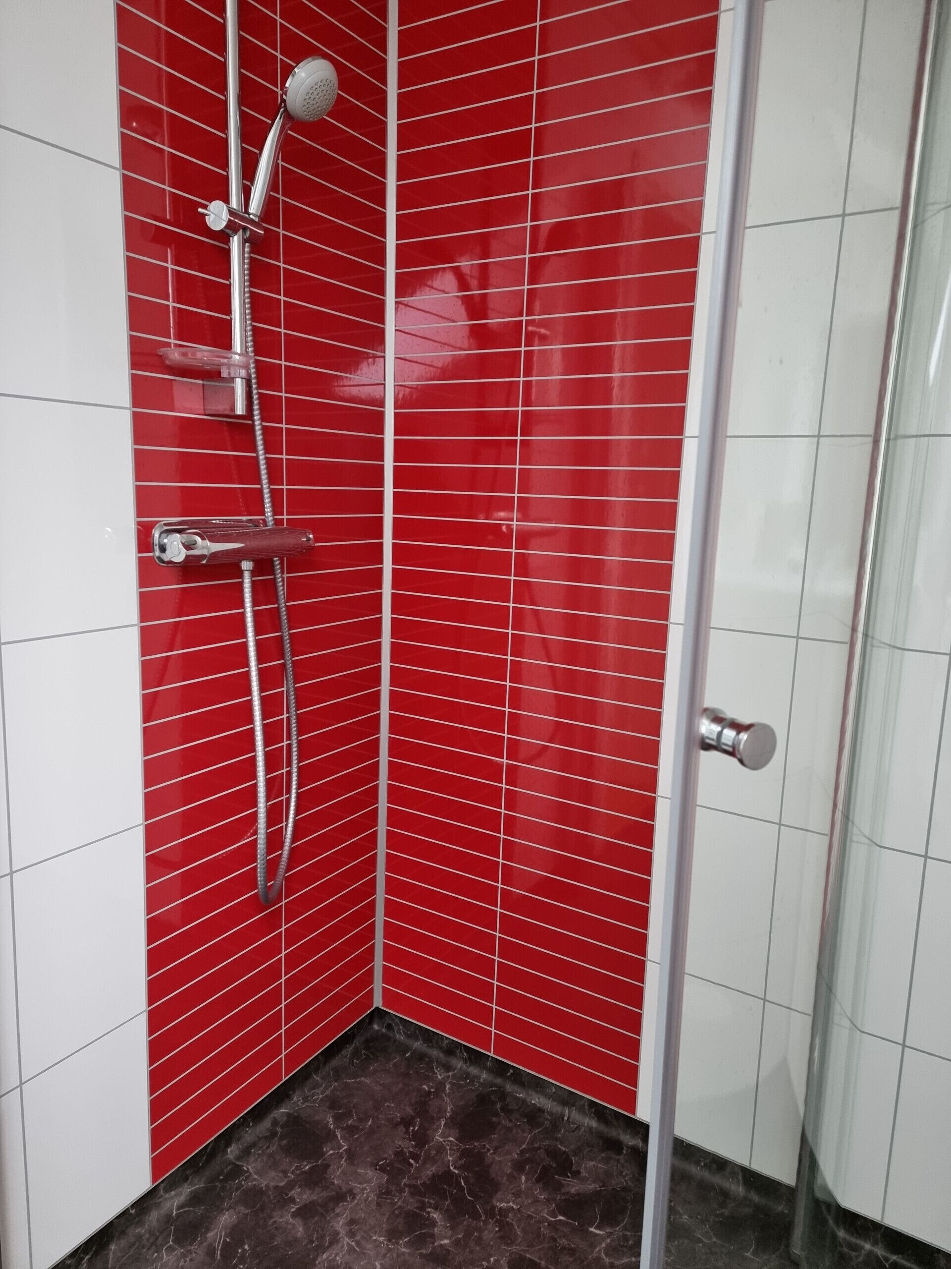 Eine Dusche mit rotem Kachelfliesen und einer Glastür.