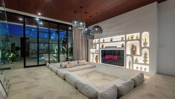 Classic Villa, 2 Bedrooms, Private Pool | Living area | 75-inch flat-screen TV with digital channels