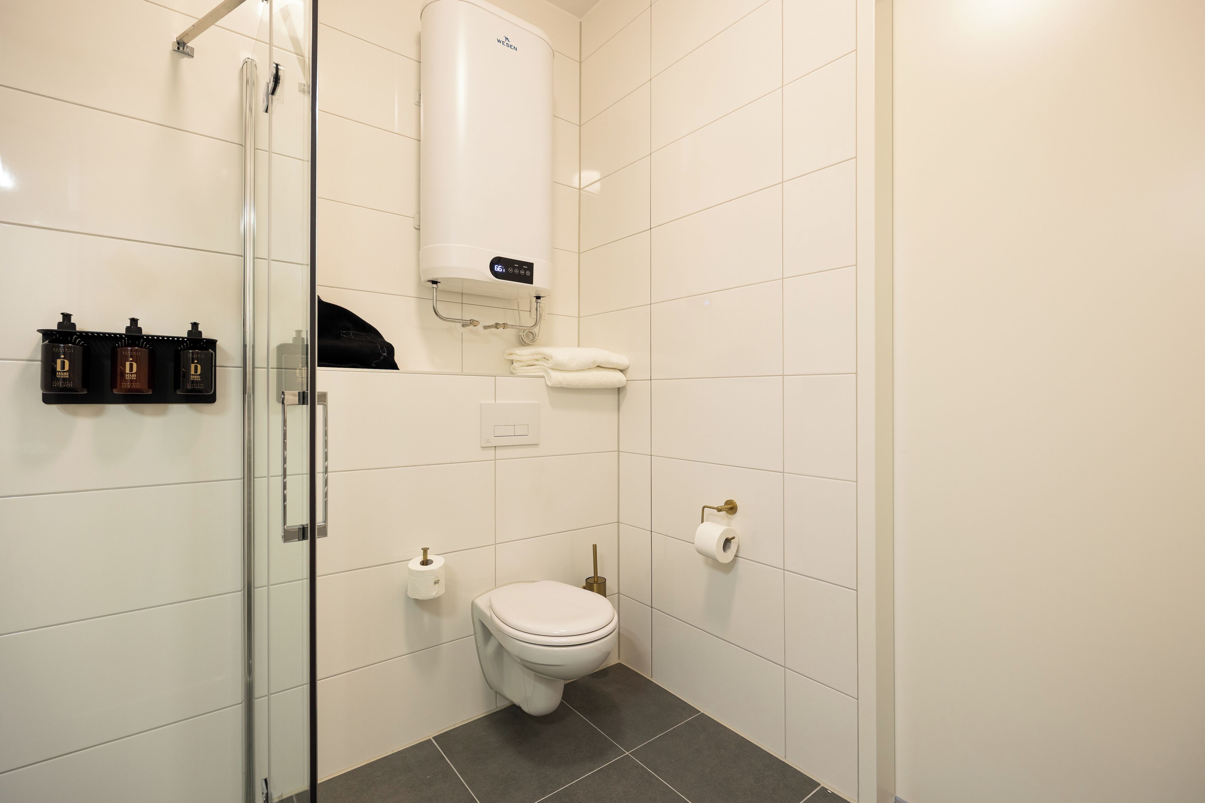A modern bathroom with a glass shower enclosure, a white toilet, a towel rack, and a toilet paper holder.