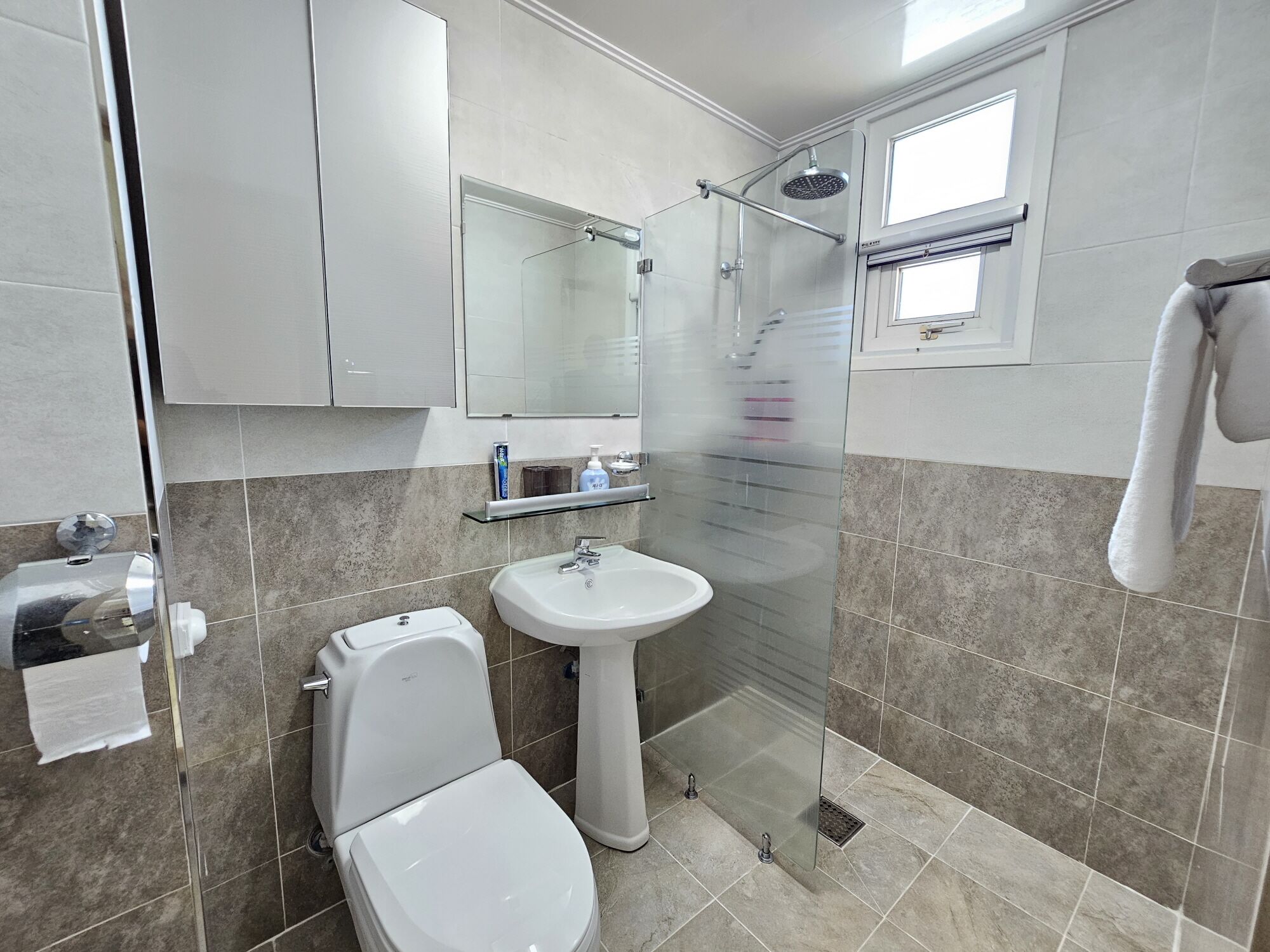 Shower, hair dryer, towels, soap