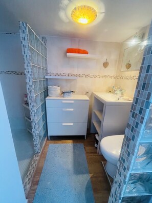 Hair dryer, bidet, towels, soap