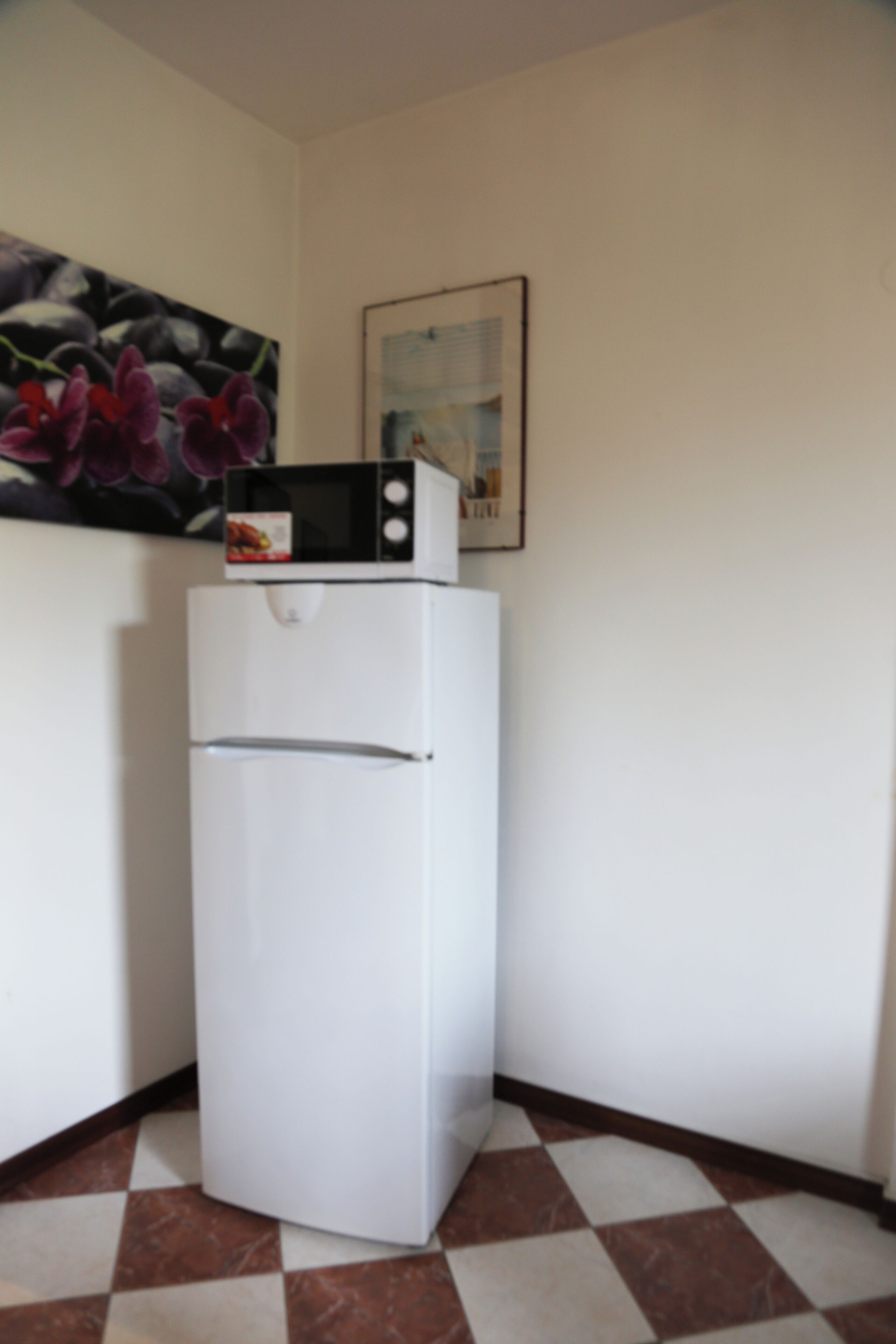 A corner room with a white refrigerator, a microwave on top, a framed picture on the wall, and a checkered floor.
