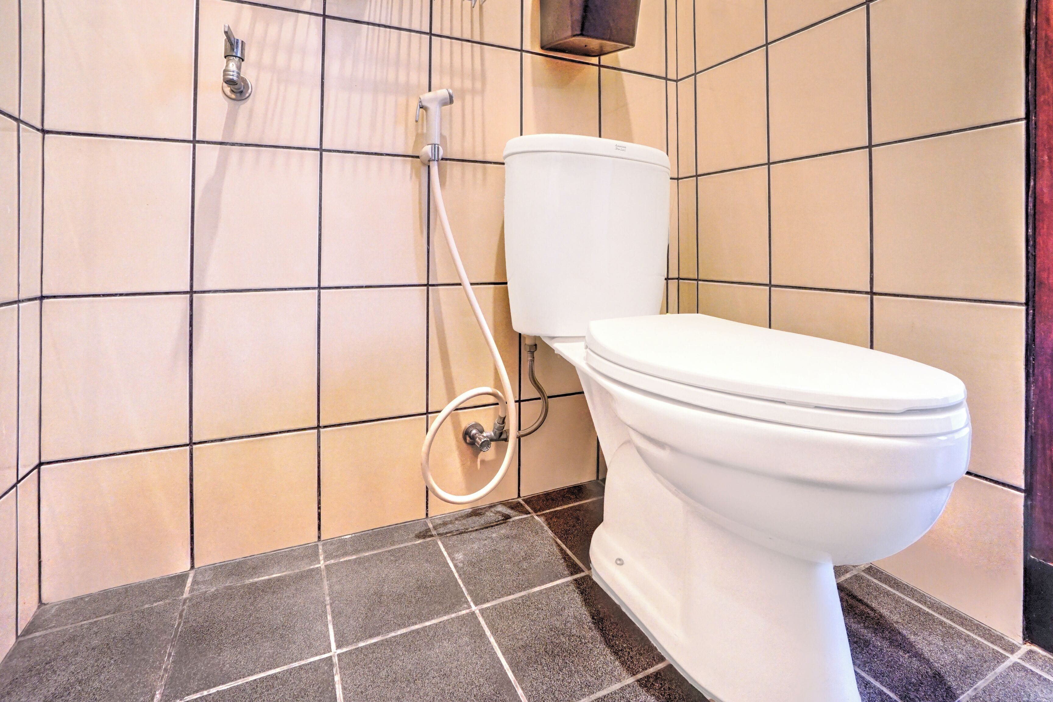 Ein Badezimmer mit Toilette, Dusche und Fliesen.