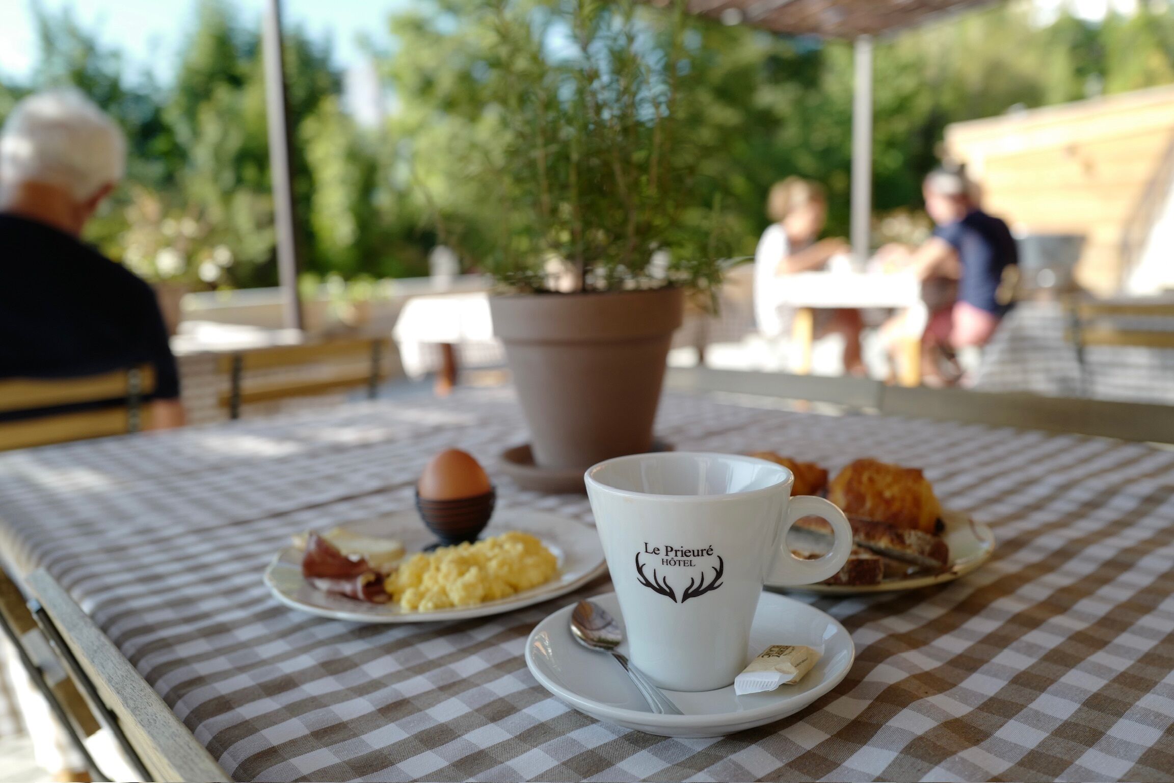 A table with a checkered tablecloth, a white mug with a logo, plates of food, and a potted plant.