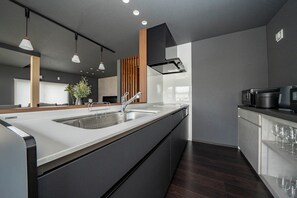 Fridge, microwave, stovetop, toaster