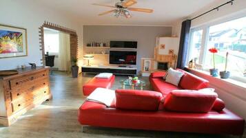 Smart TV, fireplace, video games, DVD player