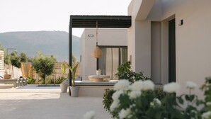 Un patio extérieur moderne agrémenté d’une pergola, d’un élément décoratif aquatique et de plantes en pot.