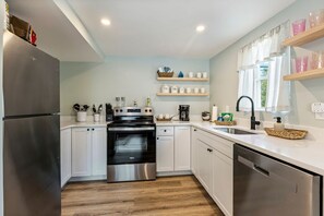 Fridge, microwave, oven, stovetop - Cozy Coastal Retreat • Walk to Pier & Shoreline (Old Orchard Beach)